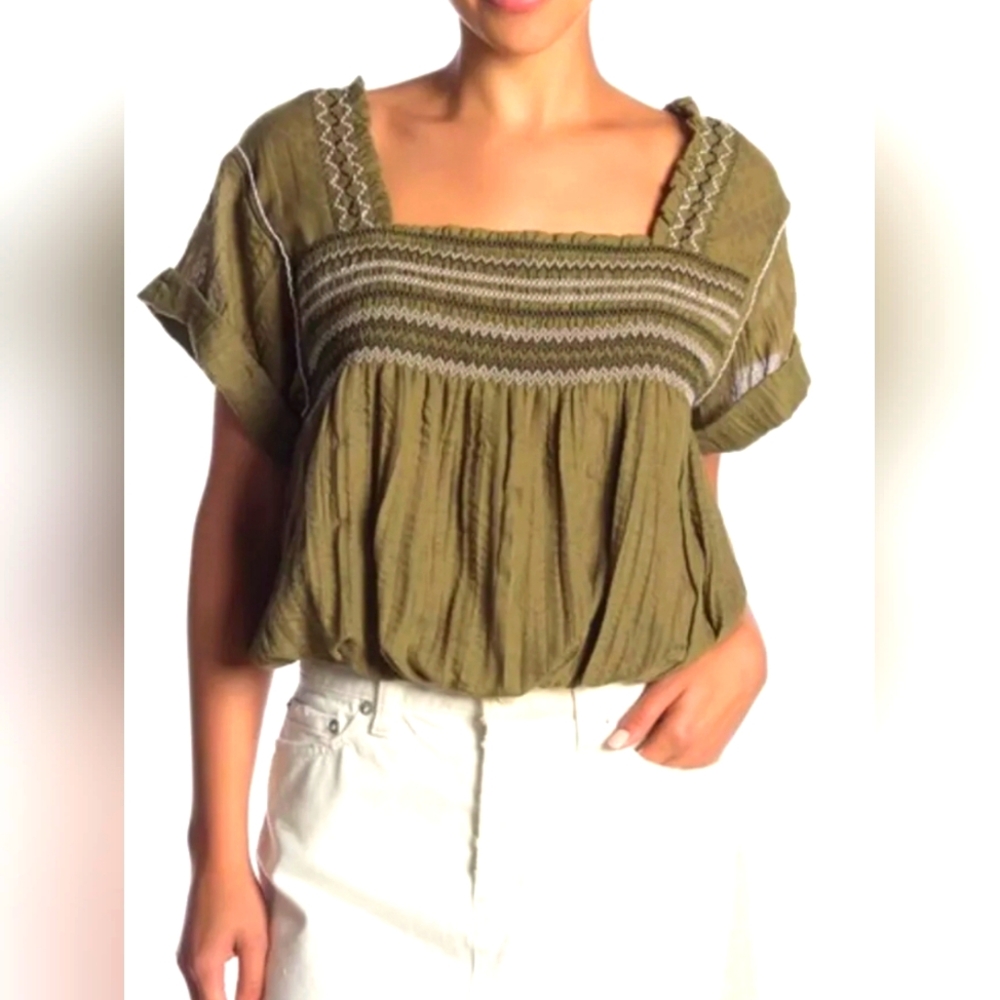 Free People Wandering Skies Smocked Top Shirt Blouse White Green, Medium